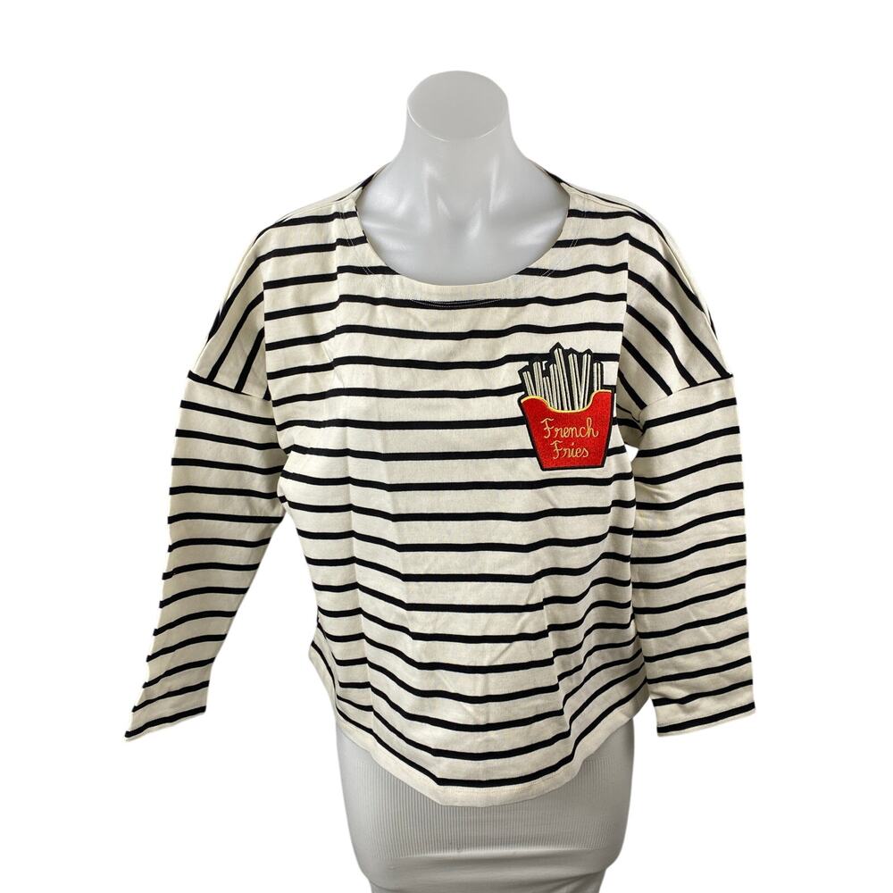 NEW Joanie Women's Black White Striped French Fries Patch Long Sleeve T Shirt S